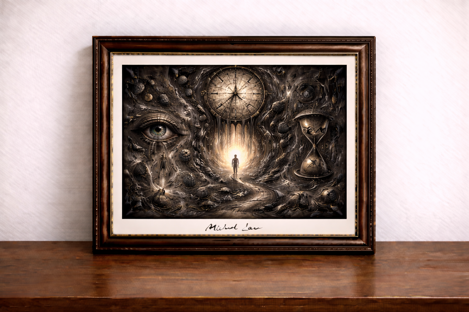 Sombre clock and blinding light scene