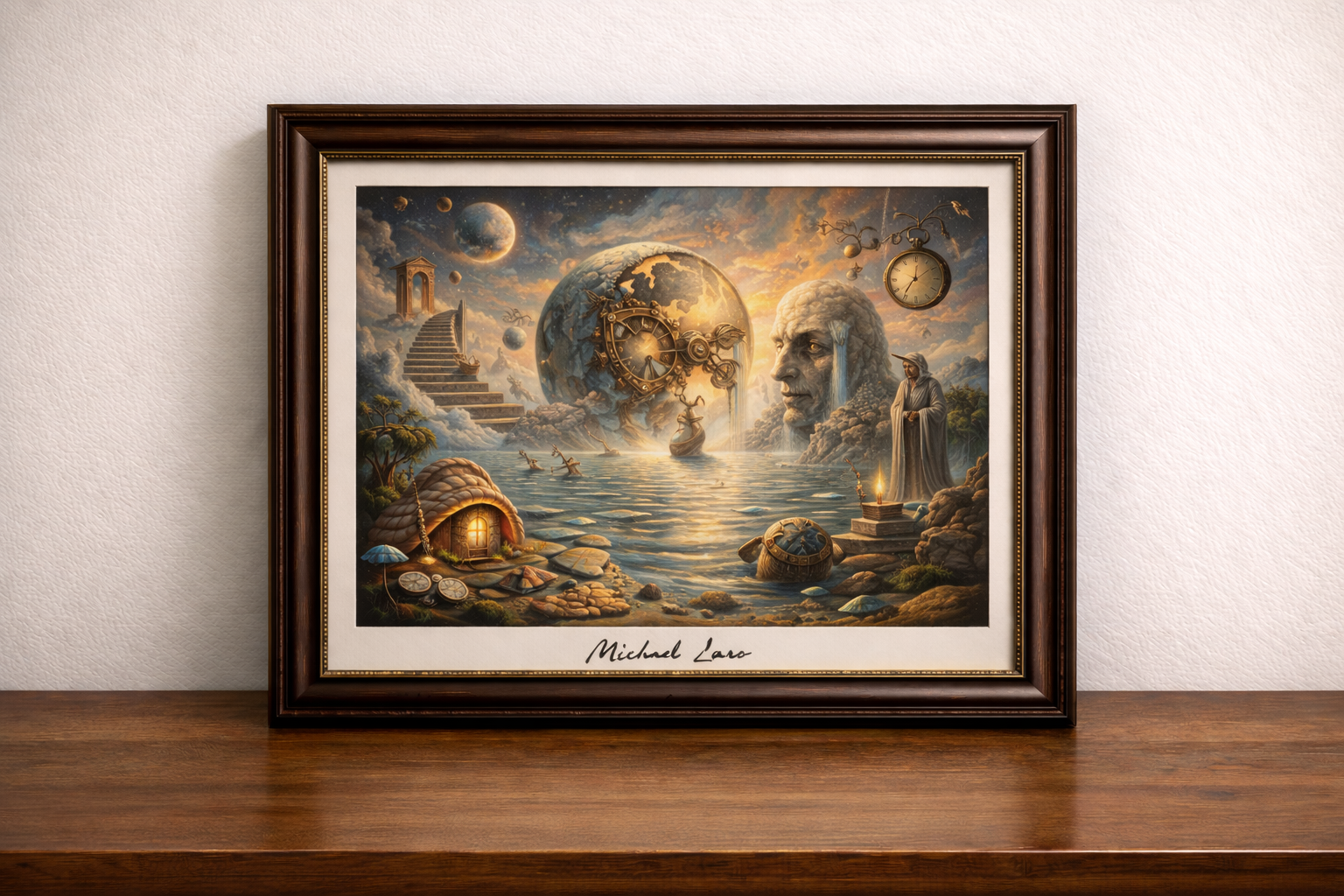 Surreal dreamscape with floating timepieces