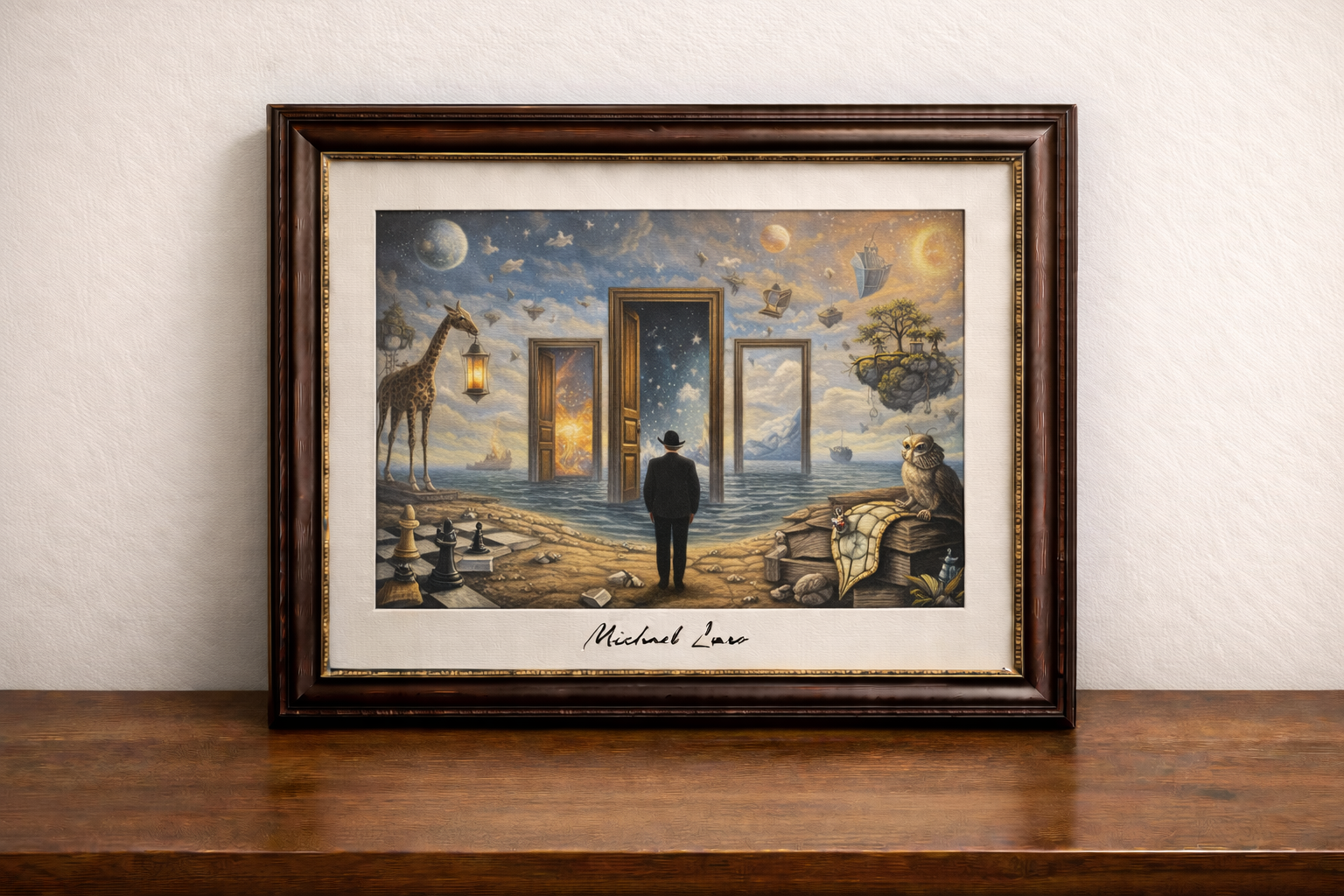 Surrealist landscape with dreamlike doorways