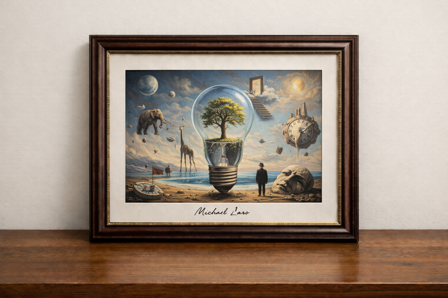 Surreal landscape with floating creatures