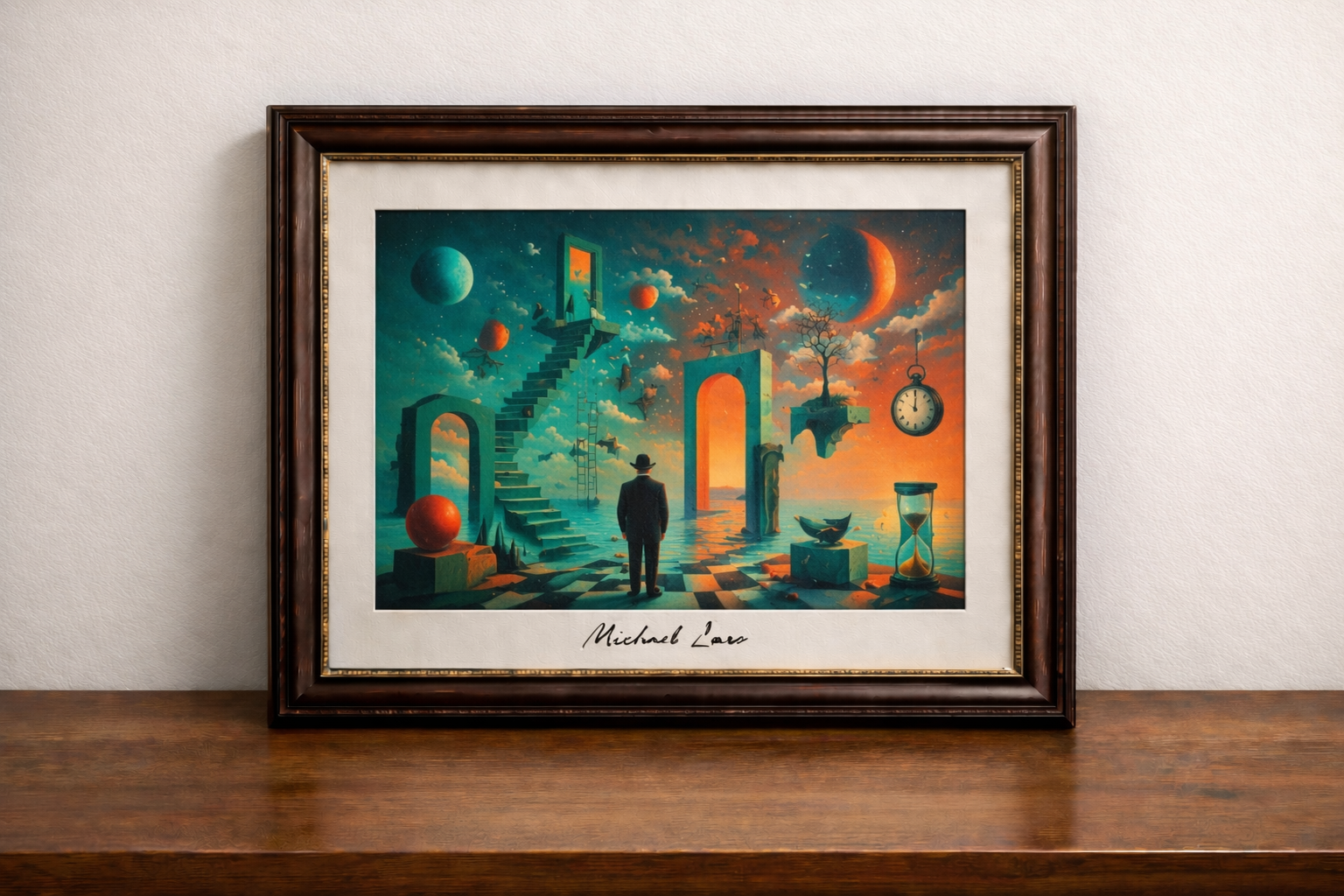 Surreal landscape with floating elements